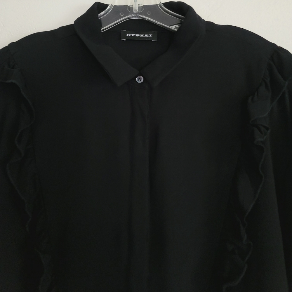 Repeat Cashmere Black Ruffle Mini Shirt Dress Womens Size 42/Medium Crepe - Picture 8 of 15